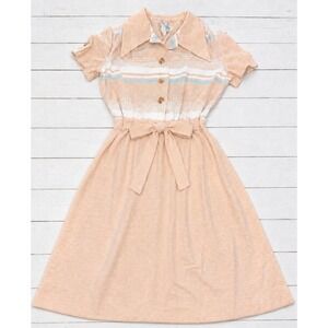 Vintage Parkshire Dress 70s Striped Knit Belted Midi Mod Boho Beige Silk Size 6